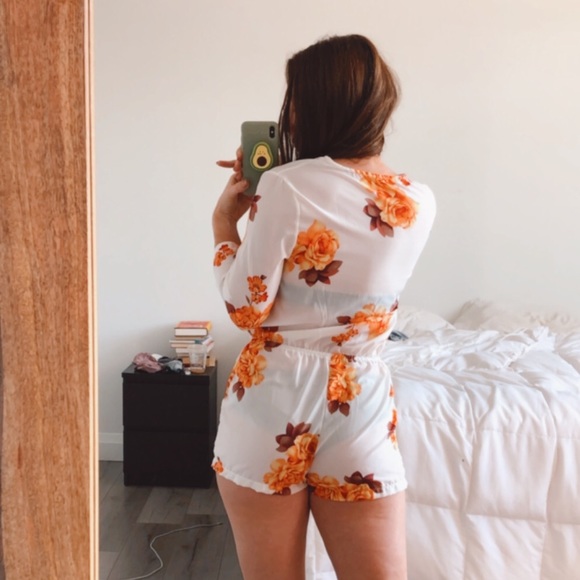 Sheer Floral Long Sleeve Short Romper - Picture 3 of 9